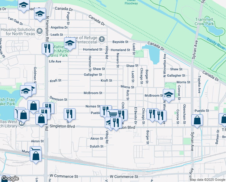 map of restaurants, bars, coffee shops, grocery stores, and more near 1715 McBroom Street in Dallas