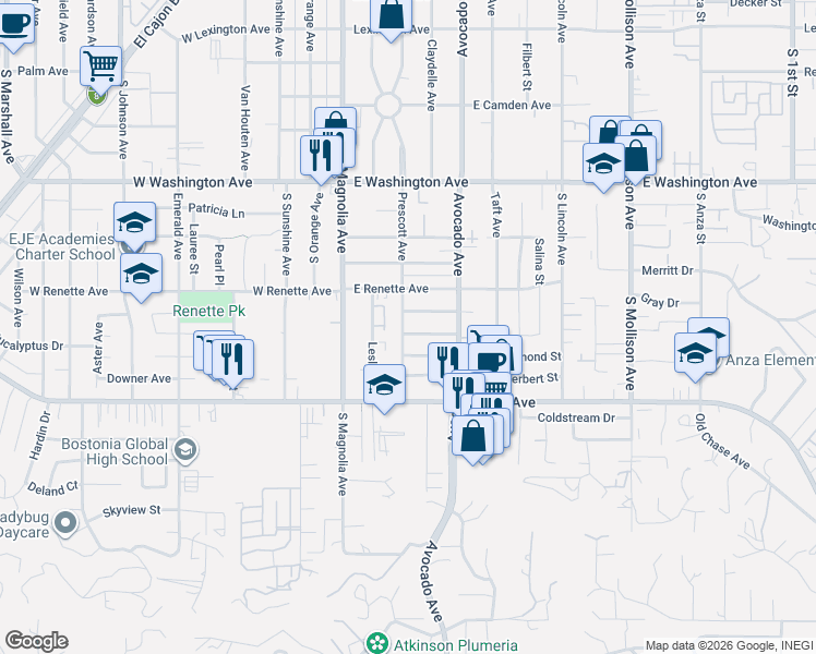 map of restaurants, bars, coffee shops, grocery stores, and more near 225 Carter Street in El Cajon