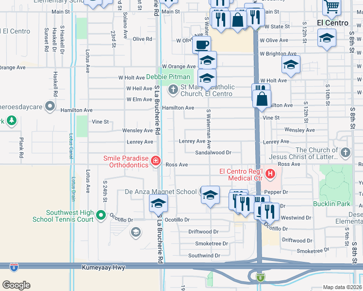 map of restaurants, bars, coffee shops, grocery stores, and more near 1178 South 18th Street in El Centro