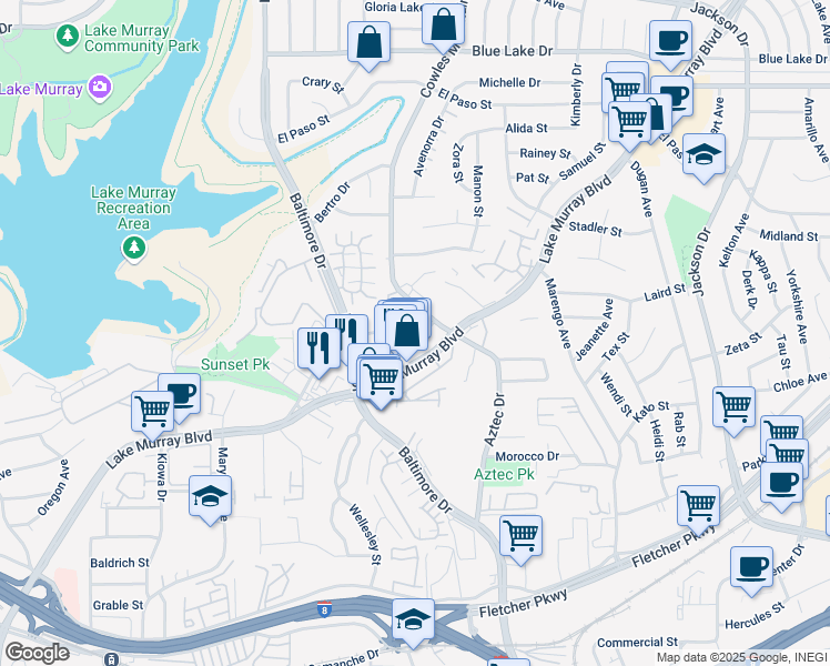 map of restaurants, bars, coffee shops, grocery stores, and more near 5680 Lake Murray Boulevard in La Mesa