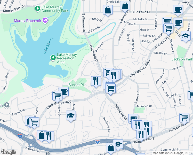map of restaurants, bars, coffee shops, grocery stores, and more near 5576 Lake Park Way in La Mesa
