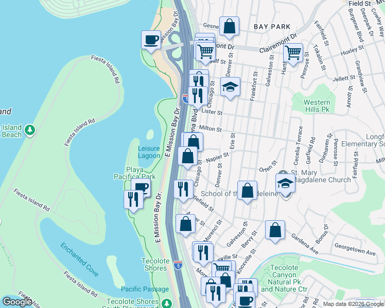 map of restaurants, bars, coffee shops, grocery stores, and more near 2005 Morena Boulevard in San Diego