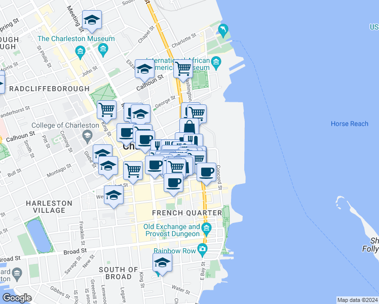 map of restaurants, bars, coffee shops, grocery stores, and more near 22 Anson Street in Charleston