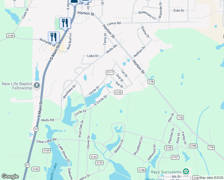 map of restaurants, bars, coffee shops, grocery stores, and more near 100-130 South Circle Drive in Quitman