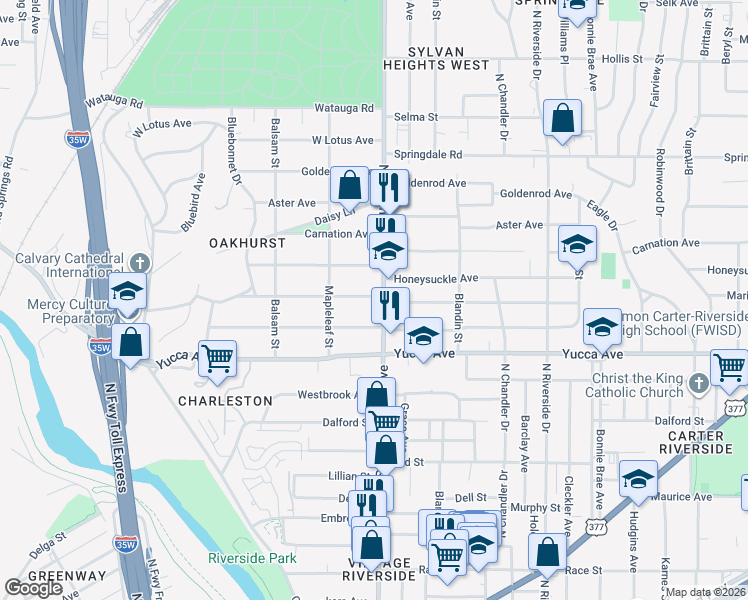 map of restaurants, bars, coffee shops, grocery stores, and more near 2524 Marigold Avenue in Fort Worth