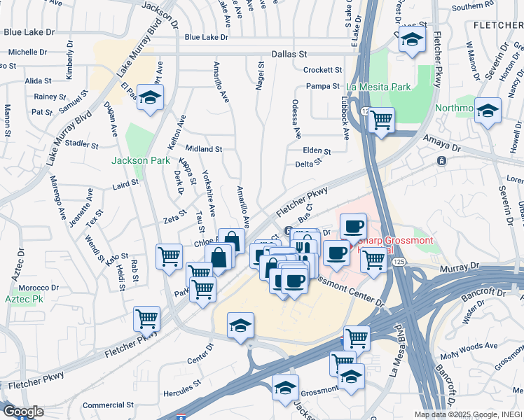 map of restaurants, bars, coffee shops, grocery stores, and more near Nagel St & Mellmanor Dr in La Mesa