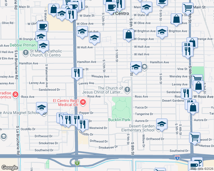 map of restaurants, bars, coffee shops, grocery stores, and more near 1048 Sandalwood Drive in El Centro