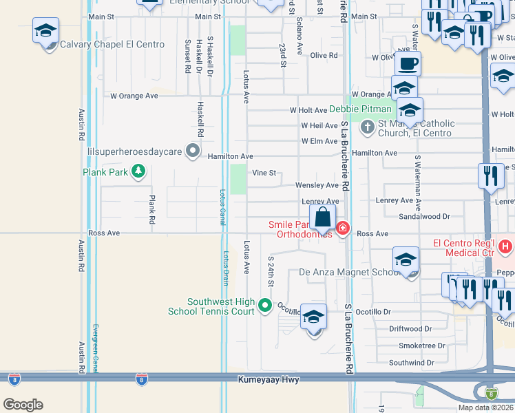 map of restaurants, bars, coffee shops, grocery stores, and more near 2470 Sandalwood Drive in El Centro