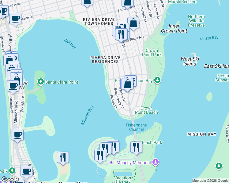 map of restaurants, bars, coffee shops, grocery stores, and more near 3504 Buena Vista Street in San Diego