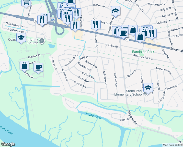 map of restaurants, bars, coffee shops, grocery stores, and more near 314 Curtiss Avenue in Charleston