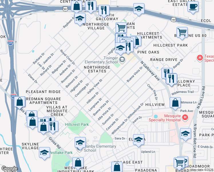 map of restaurants, bars, coffee shops, grocery stores, and more near 1510 Hillcrest Street in Mesquite