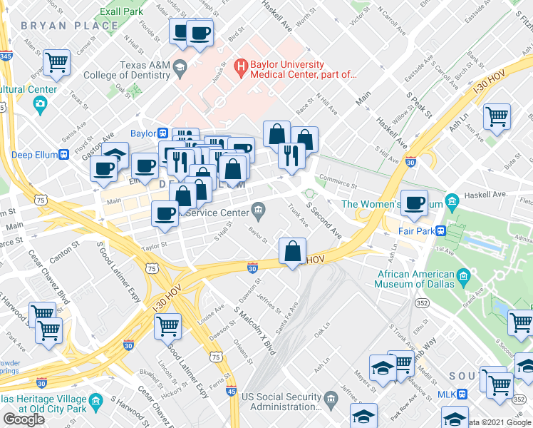 map of restaurants, bars, coffee shops, grocery stores, and more near 1523 Baylor Street in Dallas