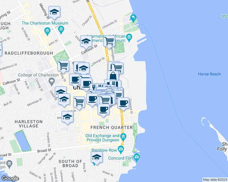 map of restaurants, bars, coffee shops, grocery stores, and more near 259 East Bay Street in Charleston