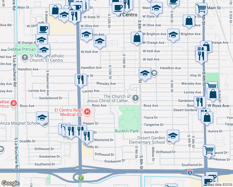map of restaurants, bars, coffee shops, grocery stores, and more near 1048 Sandalwood Drive in El Centro