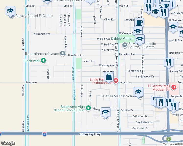 map of restaurants, bars, coffee shops, grocery stores, and more near 2372 Sandalwood Drive in El Centro