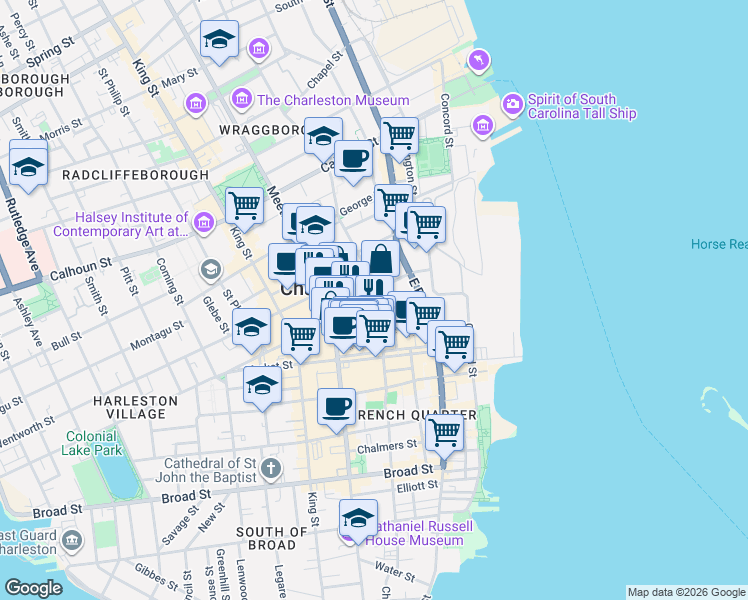map of restaurants, bars, coffee shops, grocery stores, and more near 6 Maiden Lane in Charleston