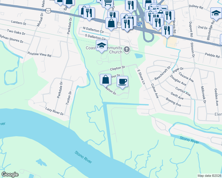 map of restaurants, bars, coffee shops, grocery stores, and more near 371 Clayton Drive in Charleston