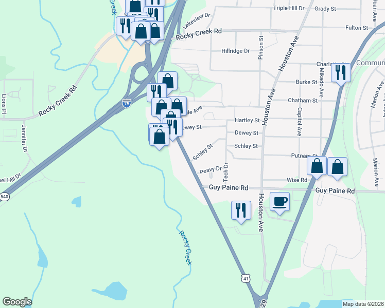 map of restaurants, bars, coffee shops, grocery stores, and more near 4395 Pio Nono Avenue in Macon