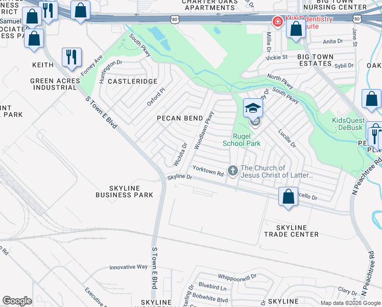map of restaurants, bars, coffee shops, grocery stores, and more near 3022 Woodlawn Parkway in Mesquite