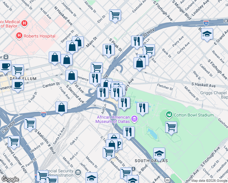 map of restaurants, bars, coffee shops, grocery stores, and more near 803 Exposition Avenue in Dallas