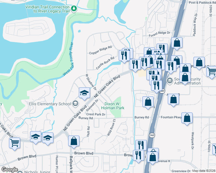 map of restaurants, bars, coffee shops, grocery stores, and more near 2630 Cedar View Drive in Arlington
