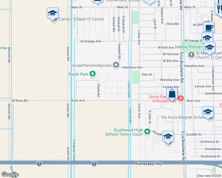map of restaurants, bars, coffee shops, grocery stores, and more near 2702 Sandalwood Drive in El Centro