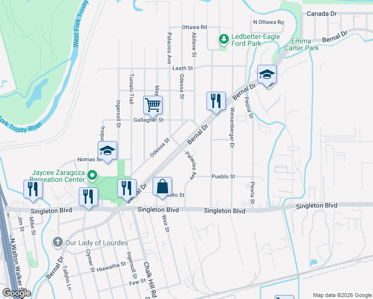 map of restaurants, bars, coffee shops, grocery stores, and more near 4916 Bernal Drive in Dallas