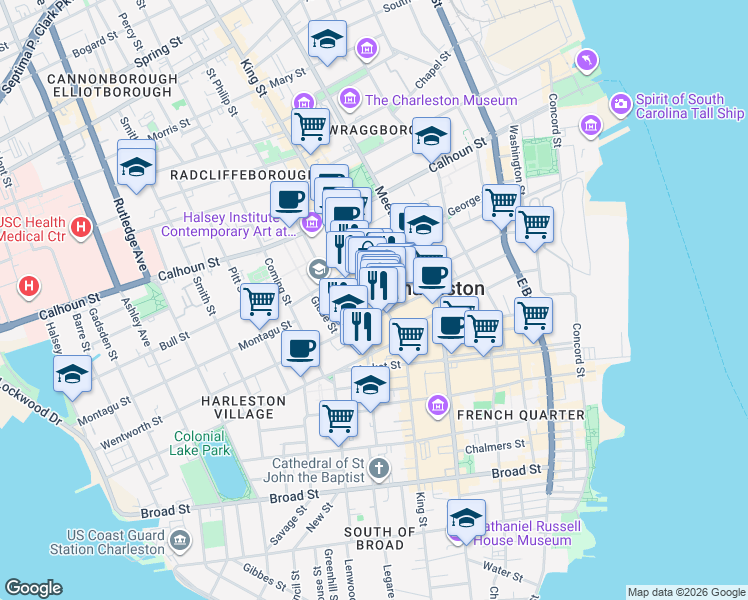map of restaurants, bars, coffee shops, grocery stores, and more near 5 Liberty Street in Charleston
