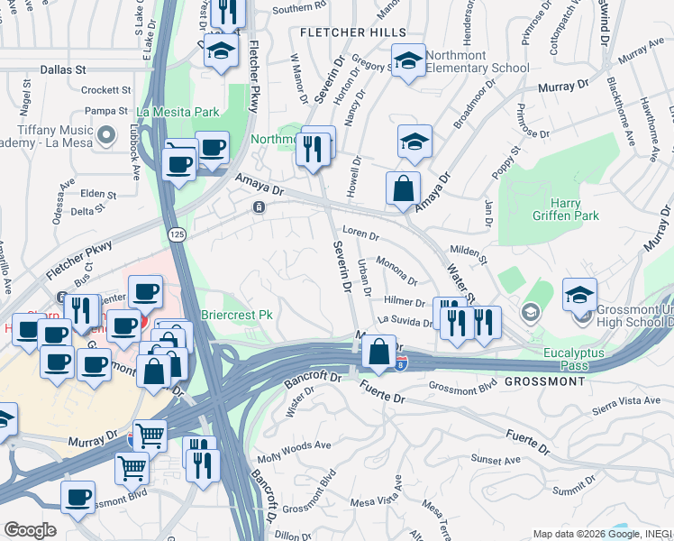 map of restaurants, bars, coffee shops, grocery stores, and more near 9210 Brier Road in La Mesa