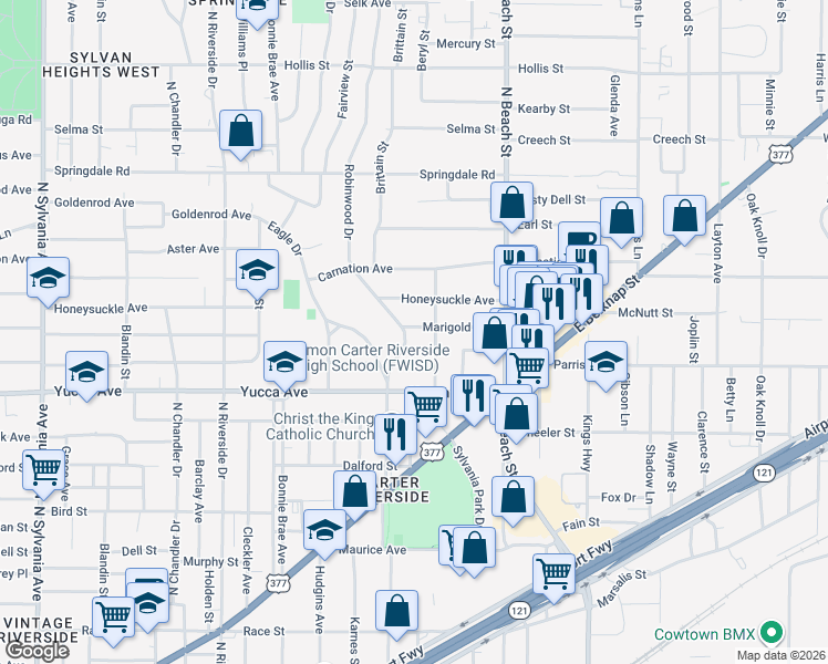 map of restaurants, bars, coffee shops, grocery stores, and more near 1412 Robinwood Drive in Fort Worth