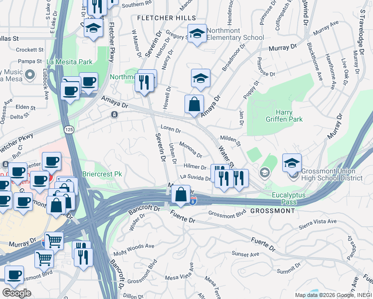 map of restaurants, bars, coffee shops, grocery stores, and more near 5725 Huneck Drive in La Mesa