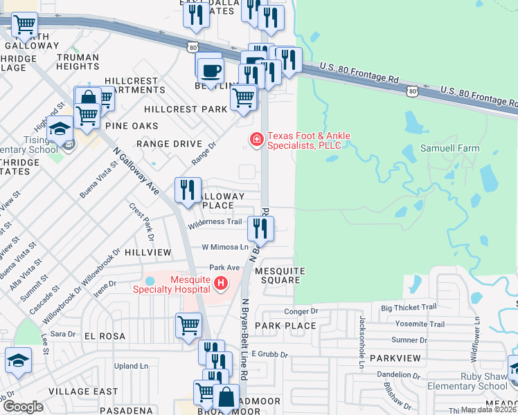 map of restaurants, bars, coffee shops, grocery stores, and more near 1350 North Belt Line Road in Mesquite