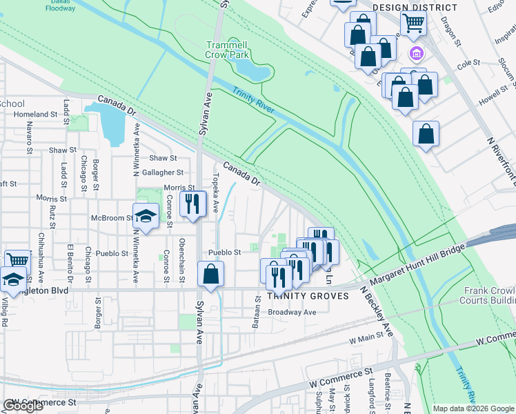 map of restaurants, bars, coffee shops, grocery stores, and more near 3328 Brantley Street in Dallas