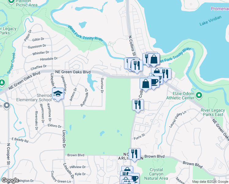 map of restaurants, bars, coffee shops, grocery stores, and more near 2711 Sunrise Dr in Arlington