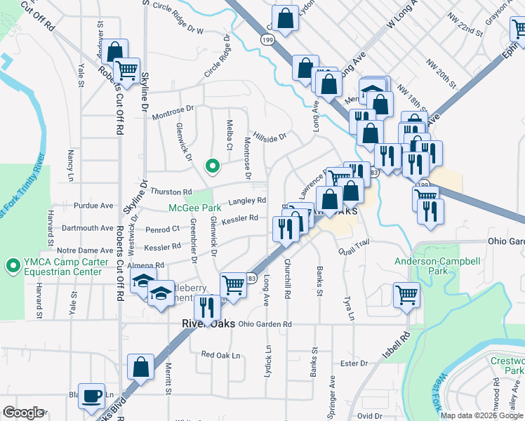map of restaurants, bars, coffee shops, grocery stores, and more near 1455 Long Avenue in River Oaks