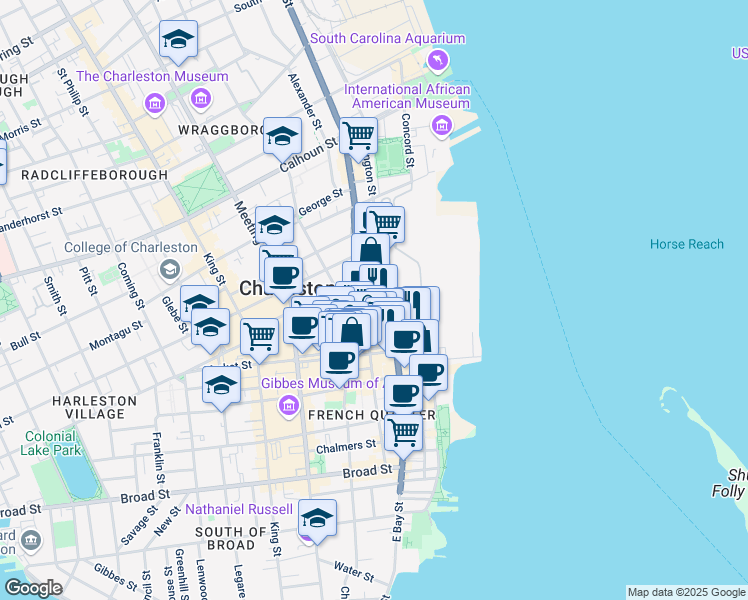 map of restaurants, bars, coffee shops, grocery stores, and more near 247 East Bay Street in Charleston