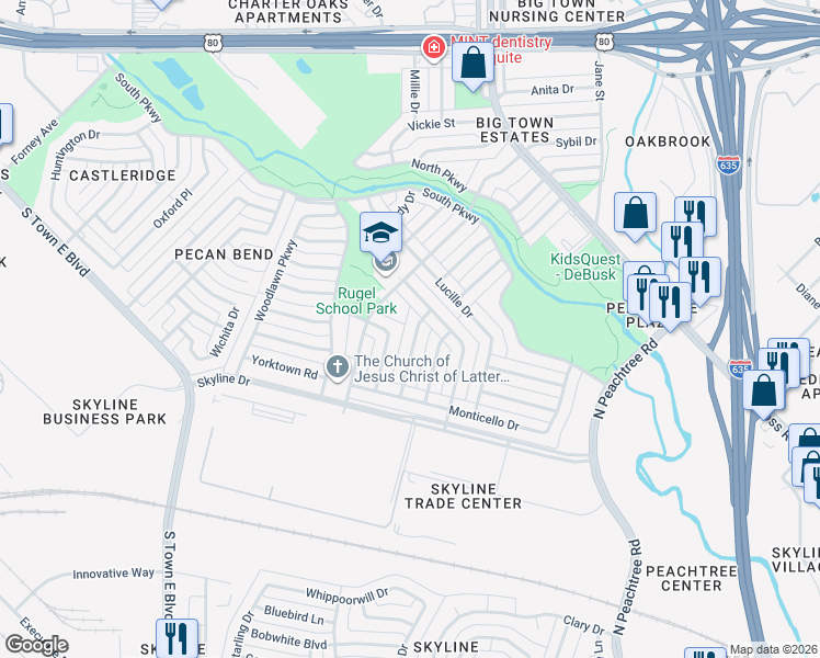 map of restaurants, bars, coffee shops, grocery stores, and more near 1409 Meadowcrest Drive in Mesquite