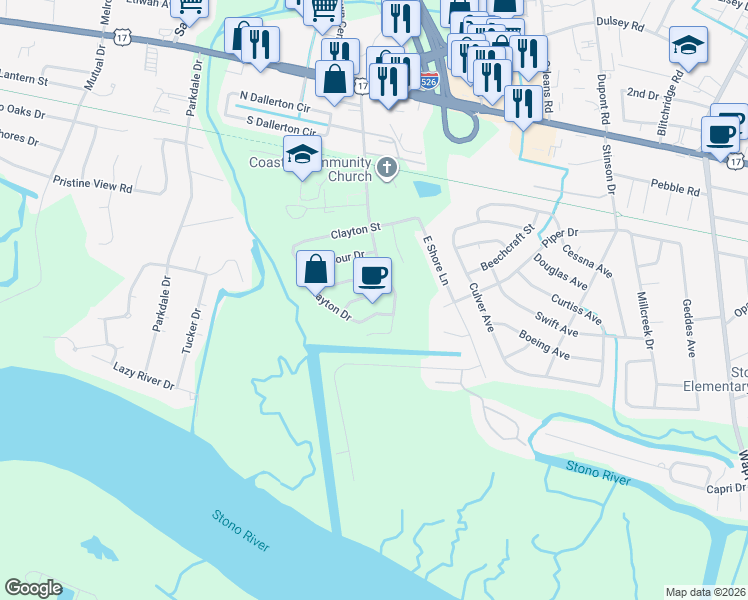 map of restaurants, bars, coffee shops, grocery stores, and more near 340 Clayton Drive in Charleston