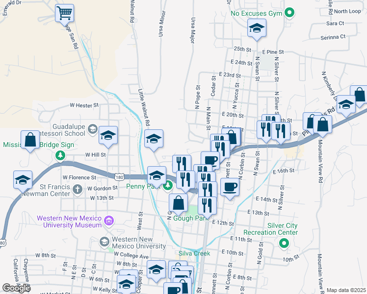 map of restaurants, bars, coffee shops, grocery stores, and more near 15 East 17th Street in Silver City