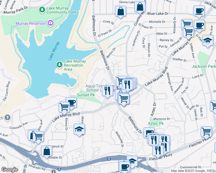 map of restaurants, bars, coffee shops, grocery stores, and more near 5576 Lake Park Way in La Mesa