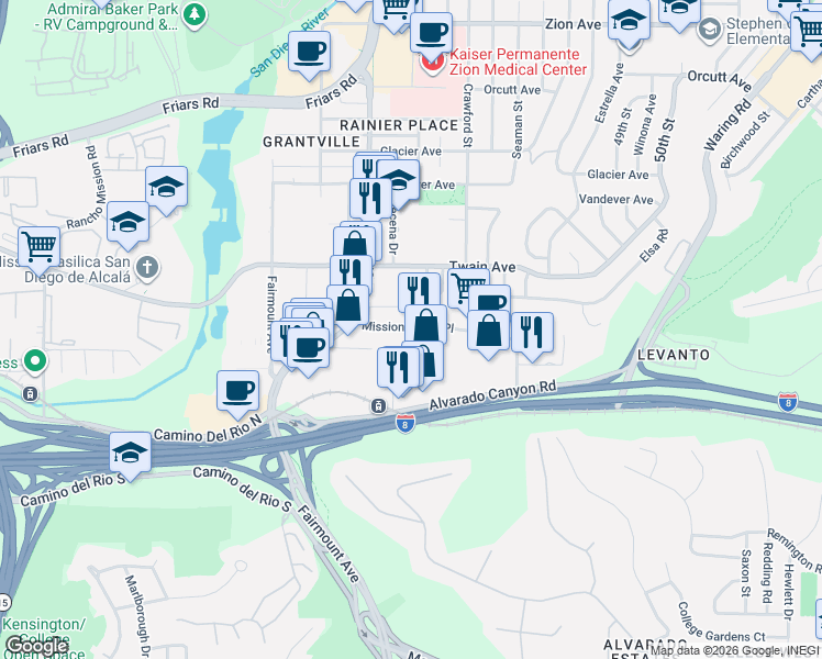 map of restaurants, bars, coffee shops, grocery stores, and more near 4561 Mission Gorge Place in San Diego