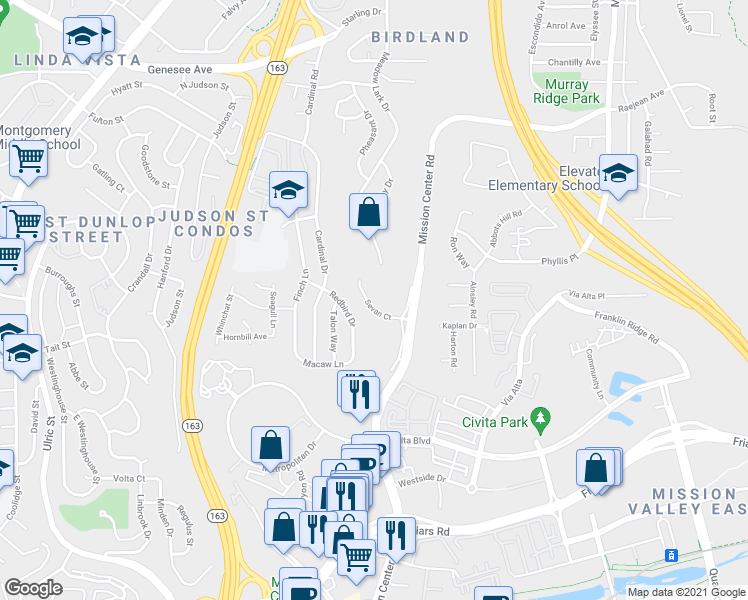 map of restaurants, bars, coffee shops, grocery stores, and more near 8040 Sevan Court in San Diego