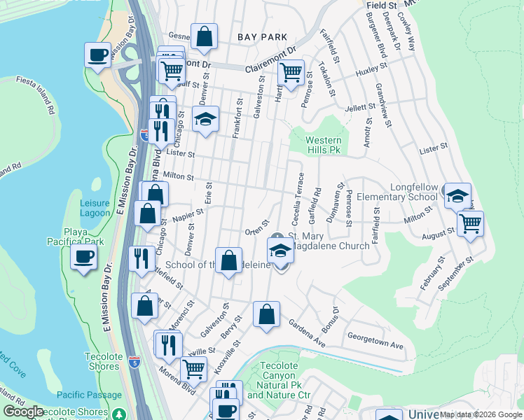 map of restaurants, bars, coffee shops, grocery stores, and more near 4737 Orten Street in San Diego