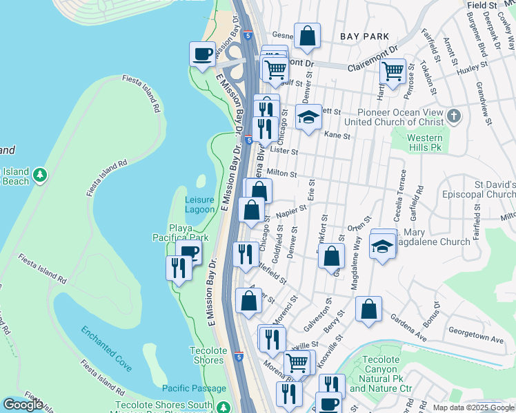 map of restaurants, bars, coffee shops, grocery stores, and more near 2005 Morena Boulevard in San Diego