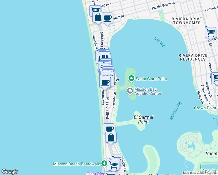 map of restaurants, bars, coffee shops, grocery stores, and more near 815 Santa Clara Place in San Diego