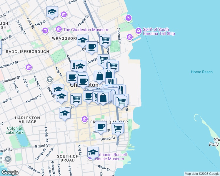 map of restaurants, bars, coffee shops, grocery stores, and more near 247 East Bay Street in Charleston