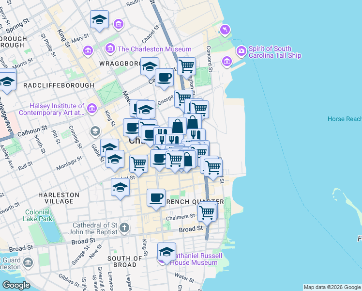 map of restaurants, bars, coffee shops, grocery stores, and more near 22 Anson Street in Charleston