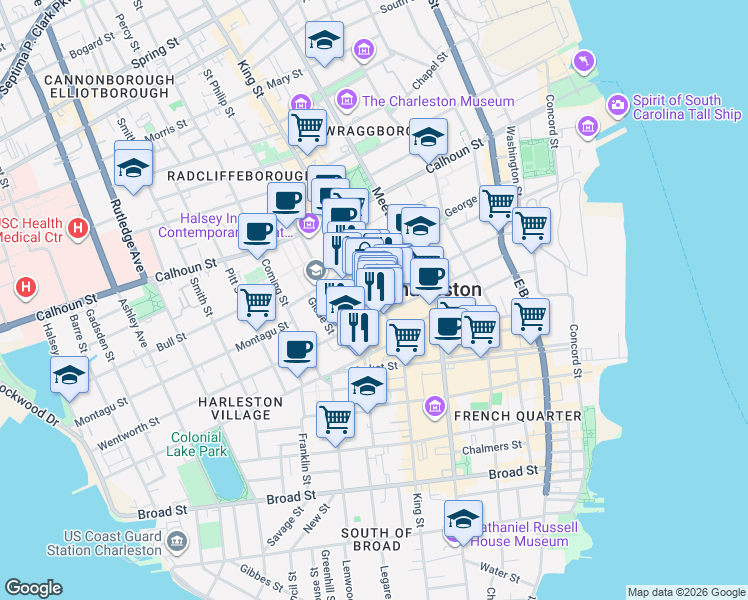 map of restaurants, bars, coffee shops, grocery stores, and more near 5 Liberty Street in Charleston