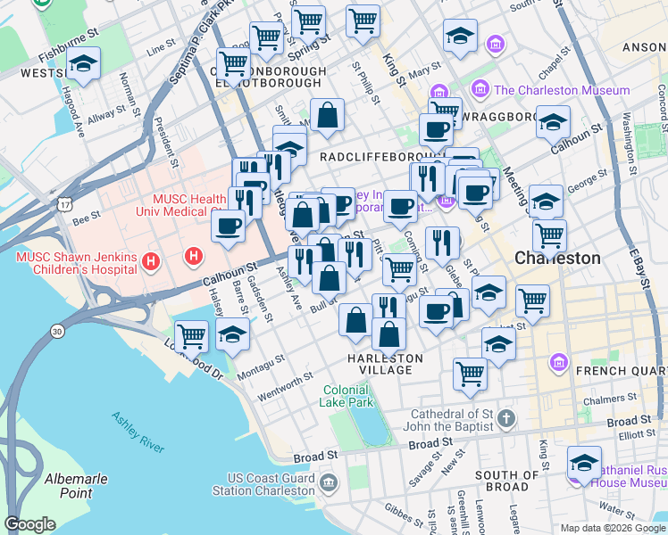 map of restaurants, bars, coffee shops, grocery stores, and more near 13 Smith Place in Charleston