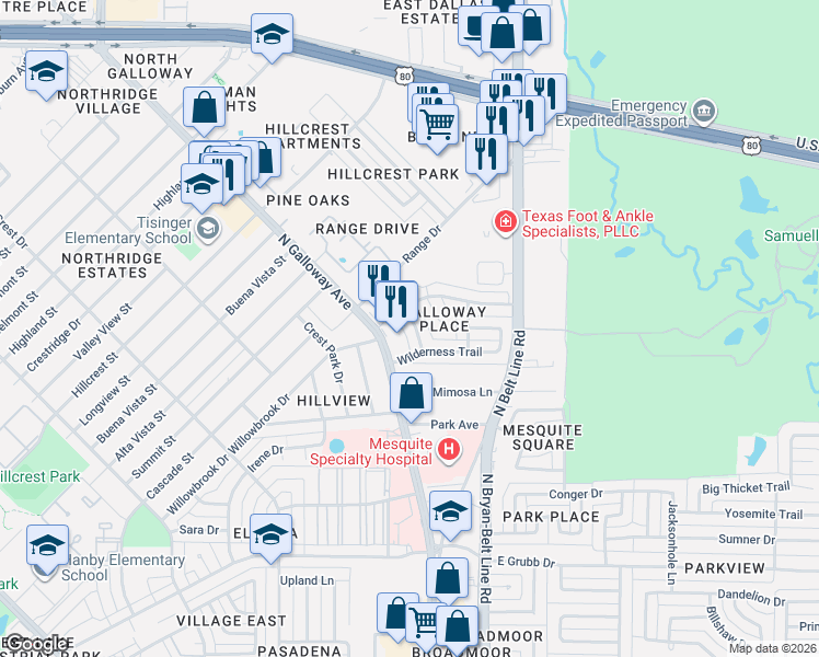 map of restaurants, bars, coffee shops, grocery stores, and more near 1321 Natchez Trce in Mesquite
